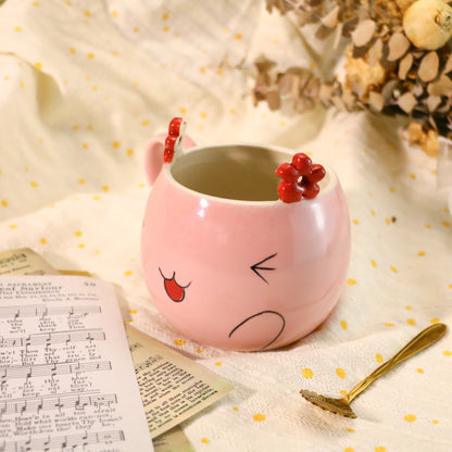 Handmade Kawaii Coffee Mug – Pink Ceramic Cup with Cute Flower Ears
