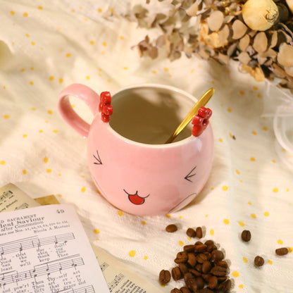Handmade Kawaii Coffee Mug – Pink Ceramic Cup with Cute Flower Ears