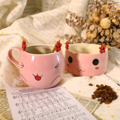 Handmade Kawaii Coffee Mug – Pink Ceramic Cup with Cute Flower Ears