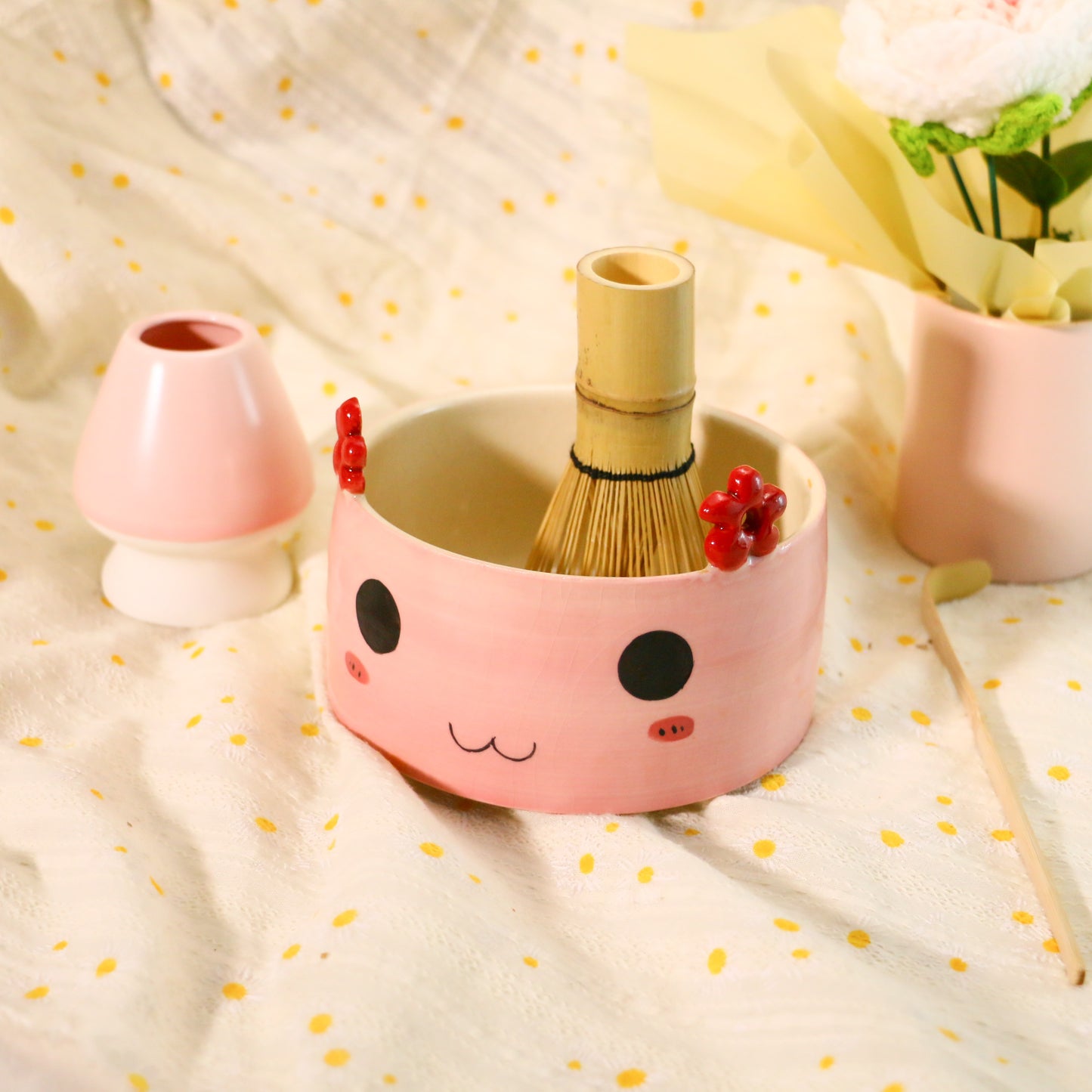 Handmade Pink Matcha Bowl Set, Cute Flower Ears for Matcha Lovers