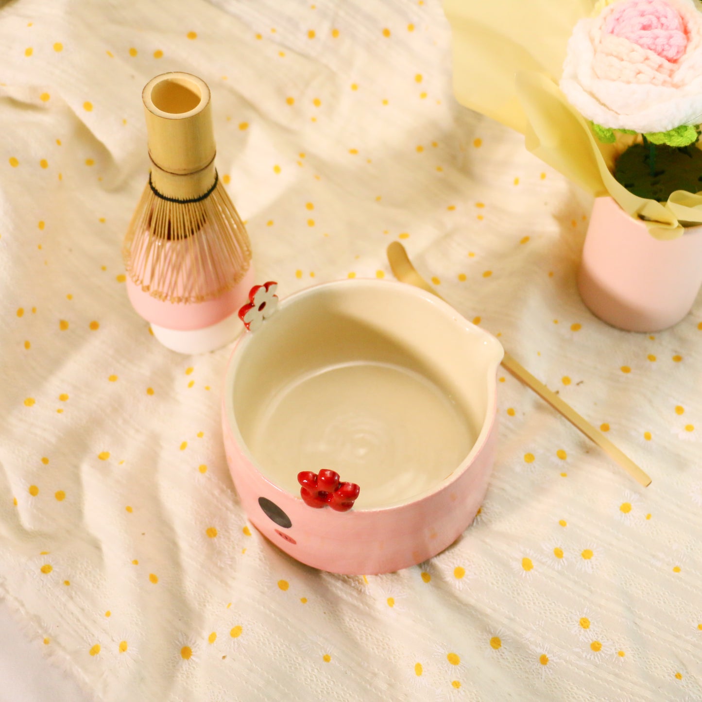 Handmade Pink Matcha Bowl Set, Cute Flower Ears for Matcha Lovers