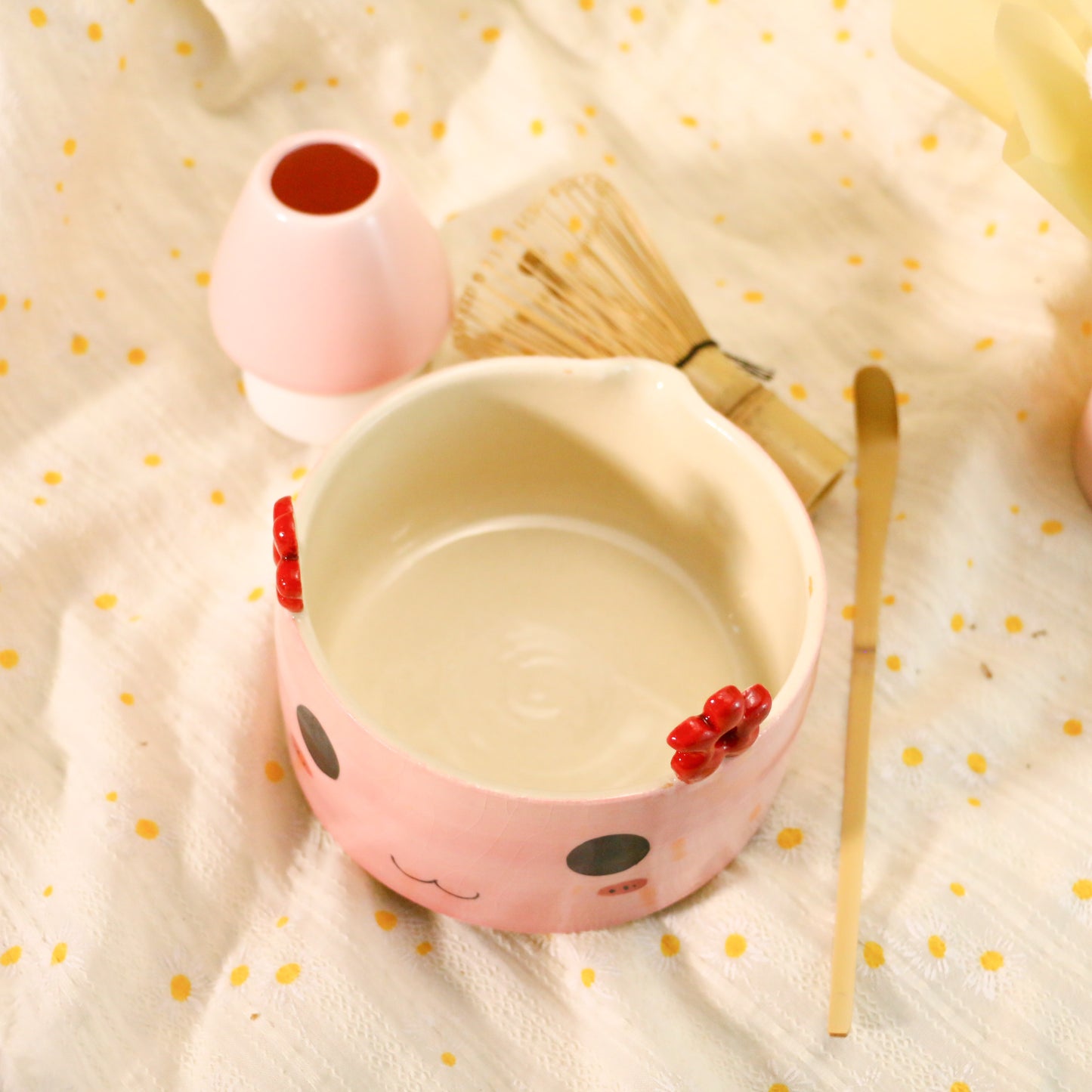 Handmade Pink Matcha Bowl Set, Cute Flower Ears for Matcha Lovers