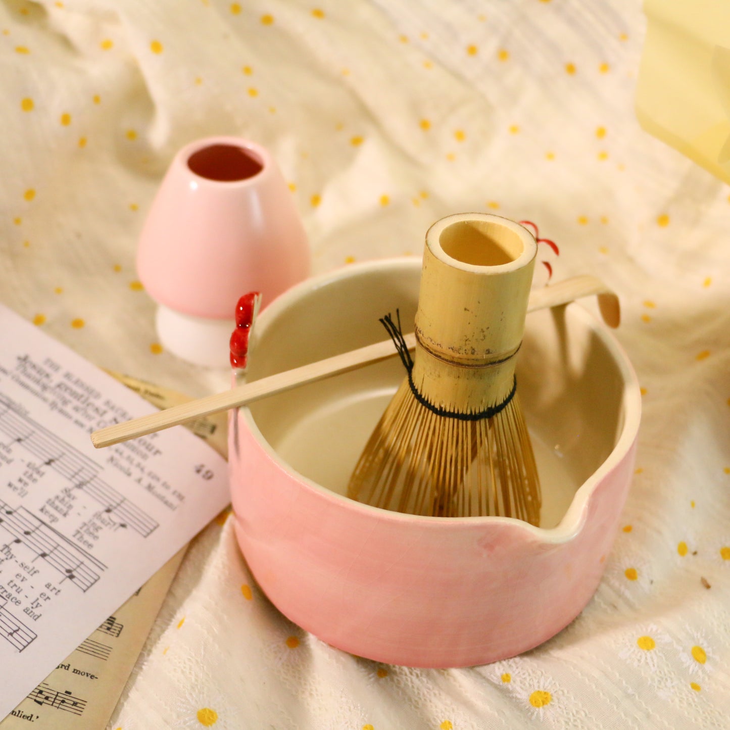 Handmade Pink Matcha Bowl Set, Cute Flower Ears for Matcha Lovers