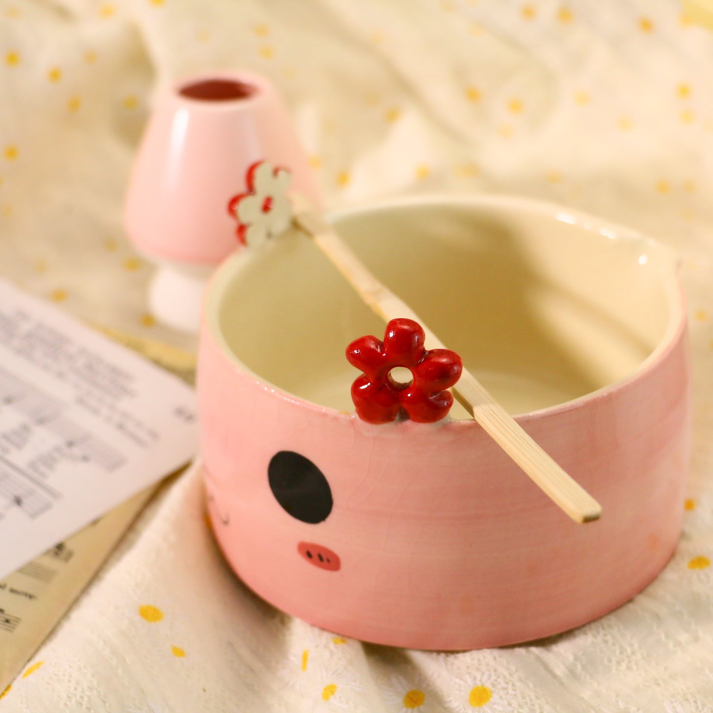 Handmade Pink Matcha Bowl Set, Cute Flower Ears for Matcha Lovers