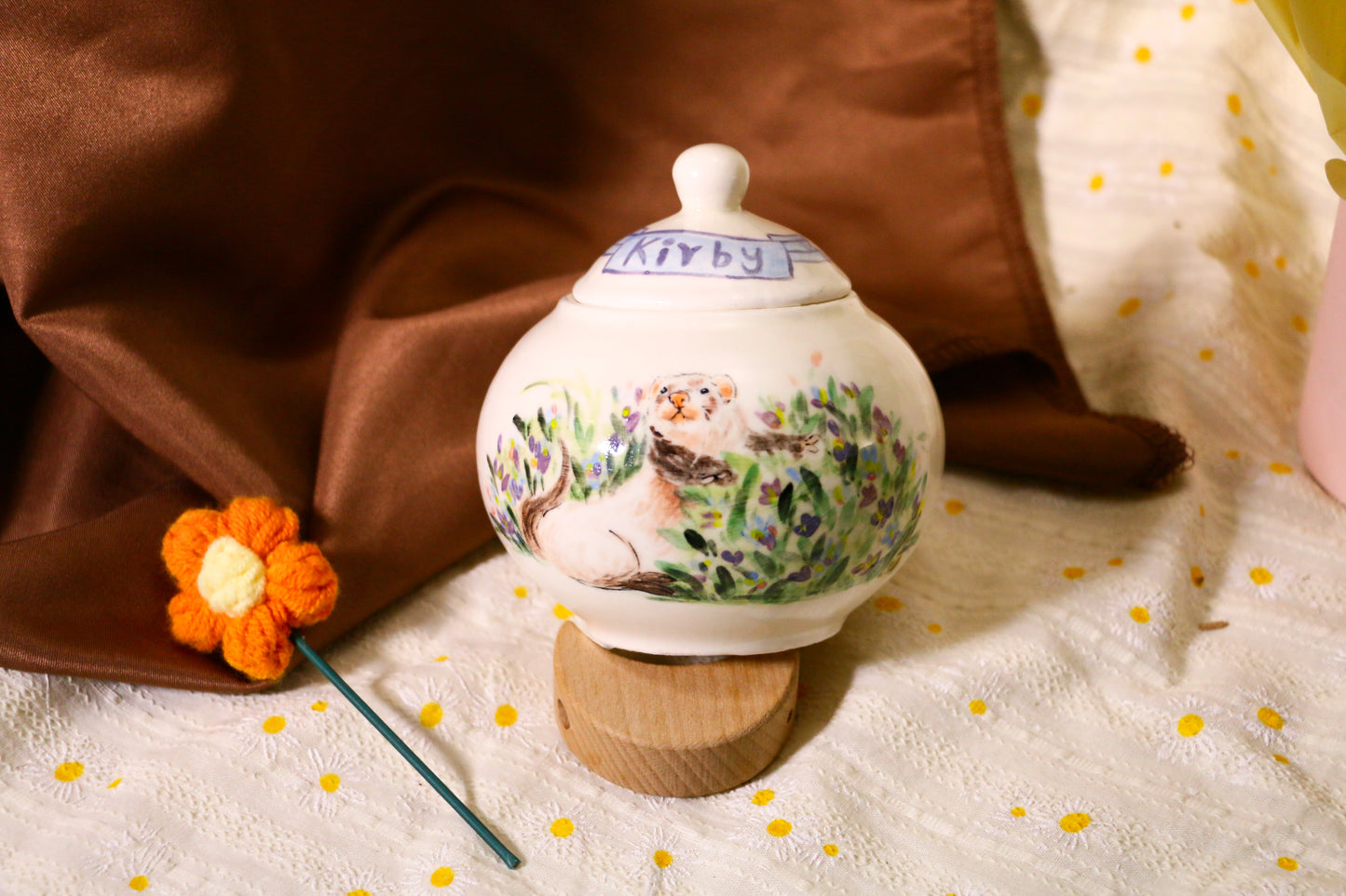 Custom Angora Ferret Urn, Personalized Hand-painted Pet Portrait Ceramic Urn for Memorial & Keepsake