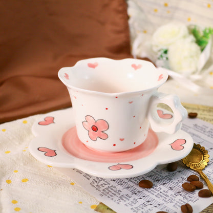 Cute Floral Design Ceramic Mug with Scalloped Saucer
