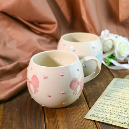 Cute Handmade Mug – Unique Ceramic Coffee Cup with Bow & Raised Heart Details