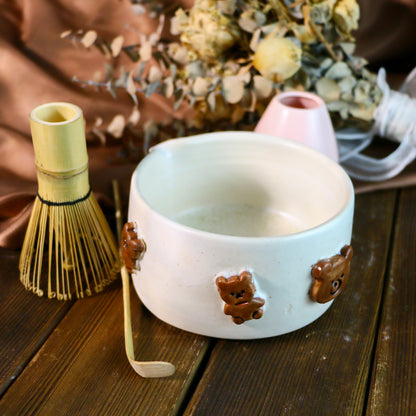 Handcrafted 3D Bear Ceramic Matcha Bowl Set, Custom Cute Pottery Tea Set