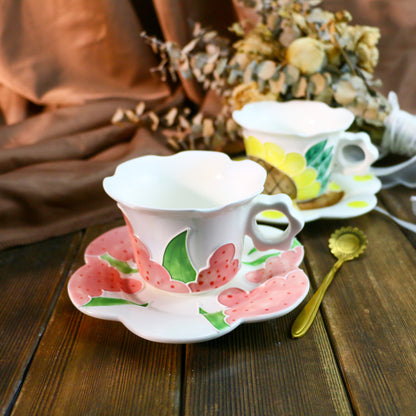 Cute Sunflower Pottery Cup Set – Handmade 3D Ceramic Tea Mug with Petal-Shaped Plate