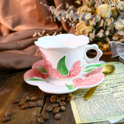 Cute Sunflower Pottery Cup Set – Handmade 3D Ceramic Tea Mug with Petal-Shaped Plate