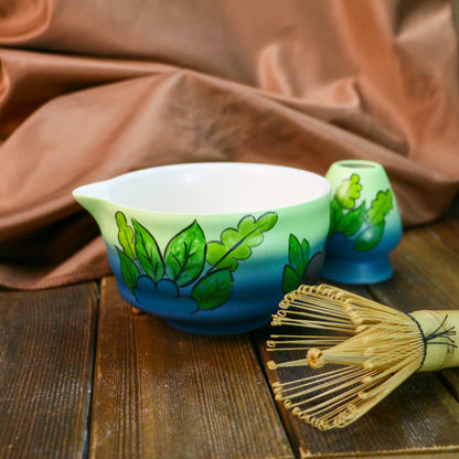 Nature-Inspired Pottery Matcha Bowl – Handmade Gradient Glaze Tea Bowl with Leaf Pattern