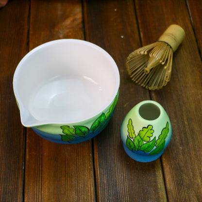 Nature-Inspired Pottery Matcha Bowl – Handmade Gradient Glaze Tea Bowl with Leaf Pattern