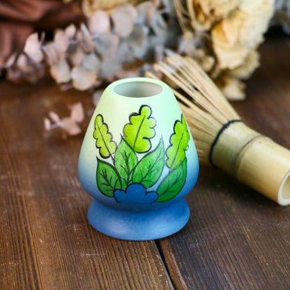 Handmade Ceramic Gradient Glaze Whisk Stand – Matcha Holder with Leaf Pattern
