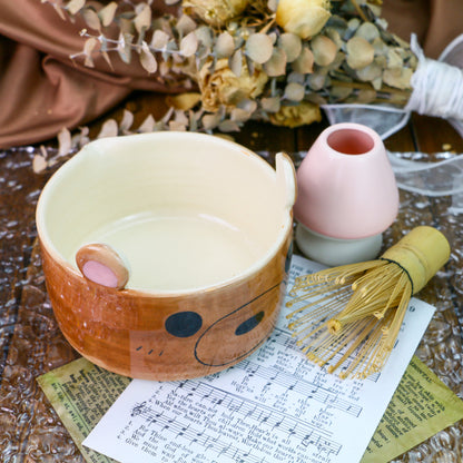 Handmade Matcha Bowl – Brown Ceramic Tea Bowl with Cute Bear Ears
