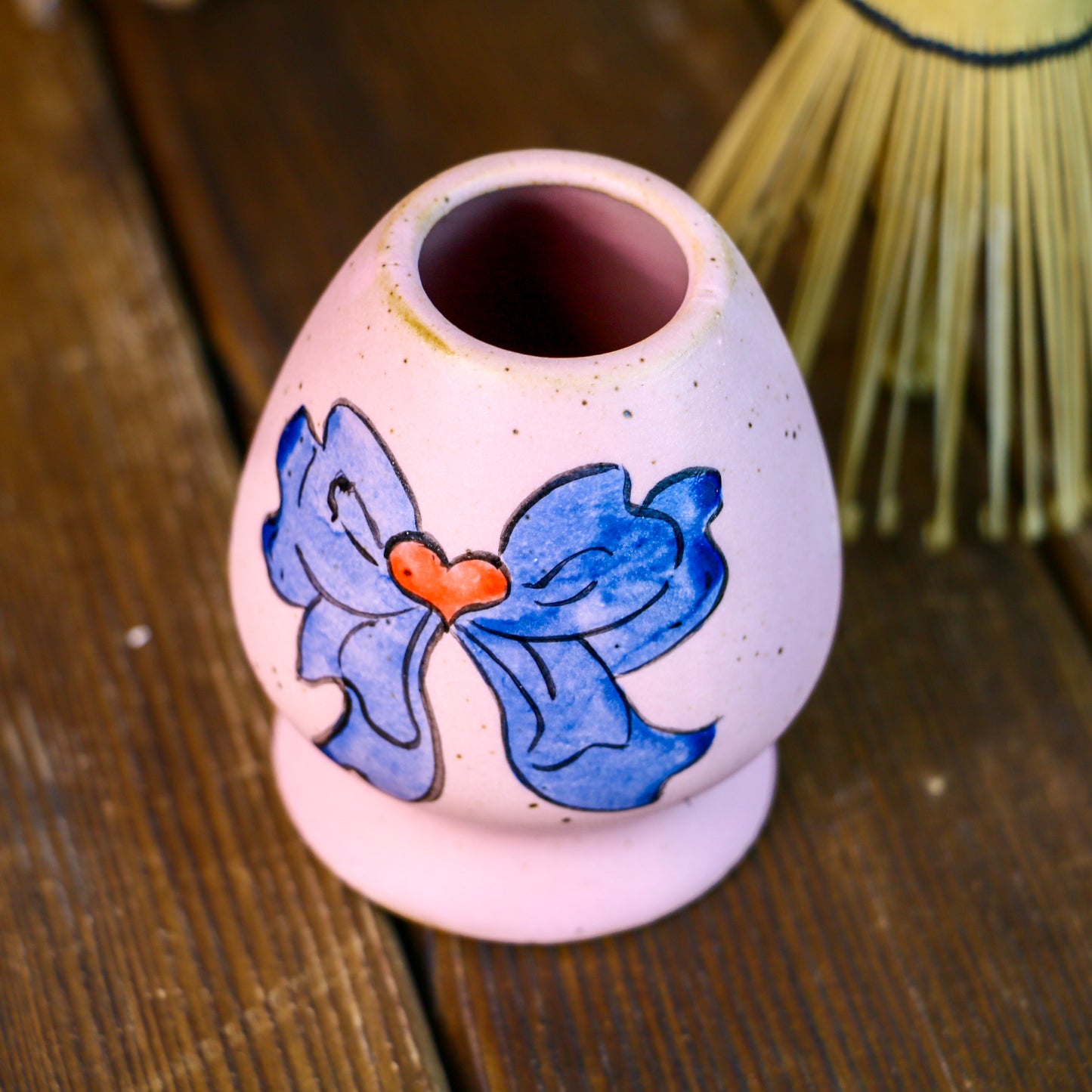 Handmade Ceramic Matcha Bowl Set with Hand-Painted Ribbon Details