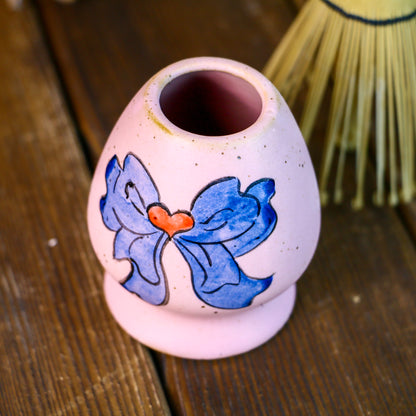 Handmade Ceramic Matcha Bowl Set with Hand-Painted Ribbon Details