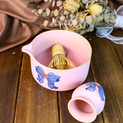 Handmade Ceramic Matcha Bowl Set with Hand-Painted Ribbon Details