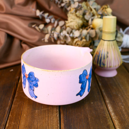 Handmade Ceramic Matcha Bowl Set with Hand-Painted Ribbon Details