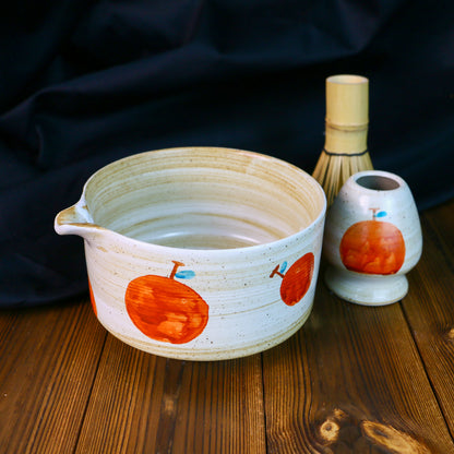 Hand-Painted Ceramic Matcha Tea Bowl Set with Fruit-Inspired Design