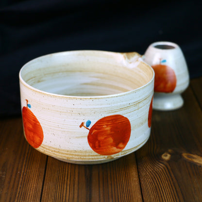 Hand-Painted Ceramic Matcha Tea Bowl Set with Fruit-Inspired Design