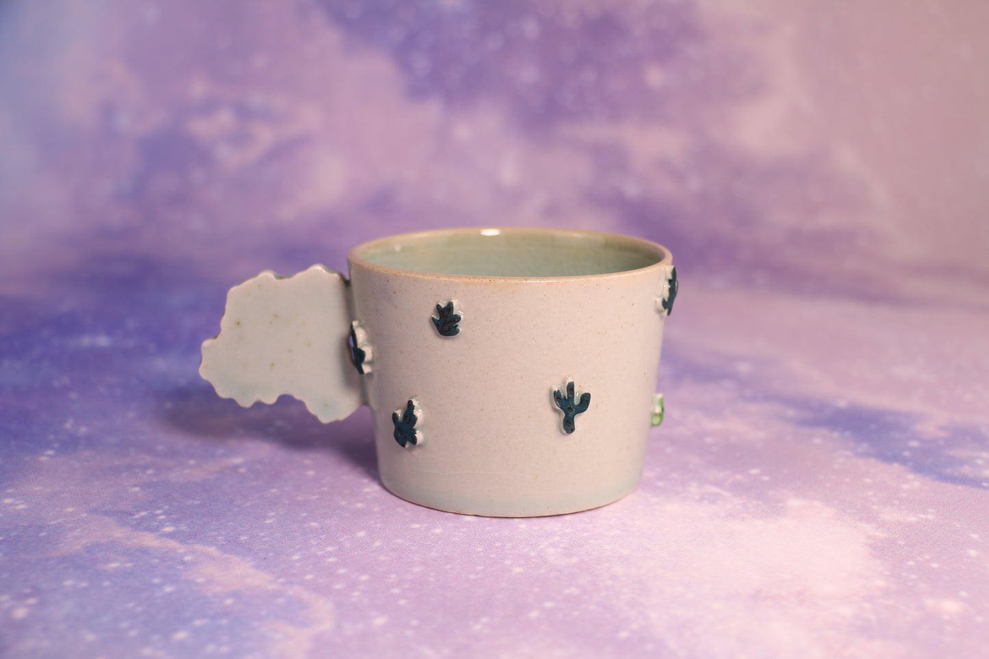 Handmade Ceramic Mug – Cactus-Shaped Handle, Crackle Glaze Design Inside