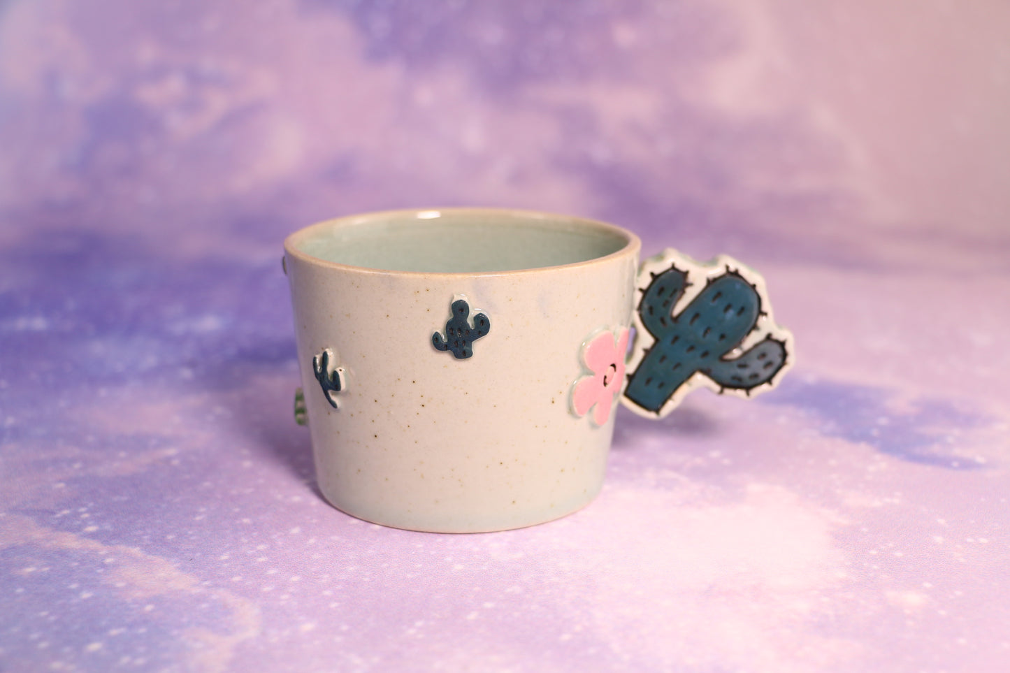 Handmade Ceramic Mug – Cactus-Shaped Handle, Crackle Glaze Design Inside