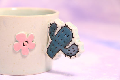 Handmade Ceramic Mug – Cactus-Shaped Handle, Crackle Glaze Design Inside
