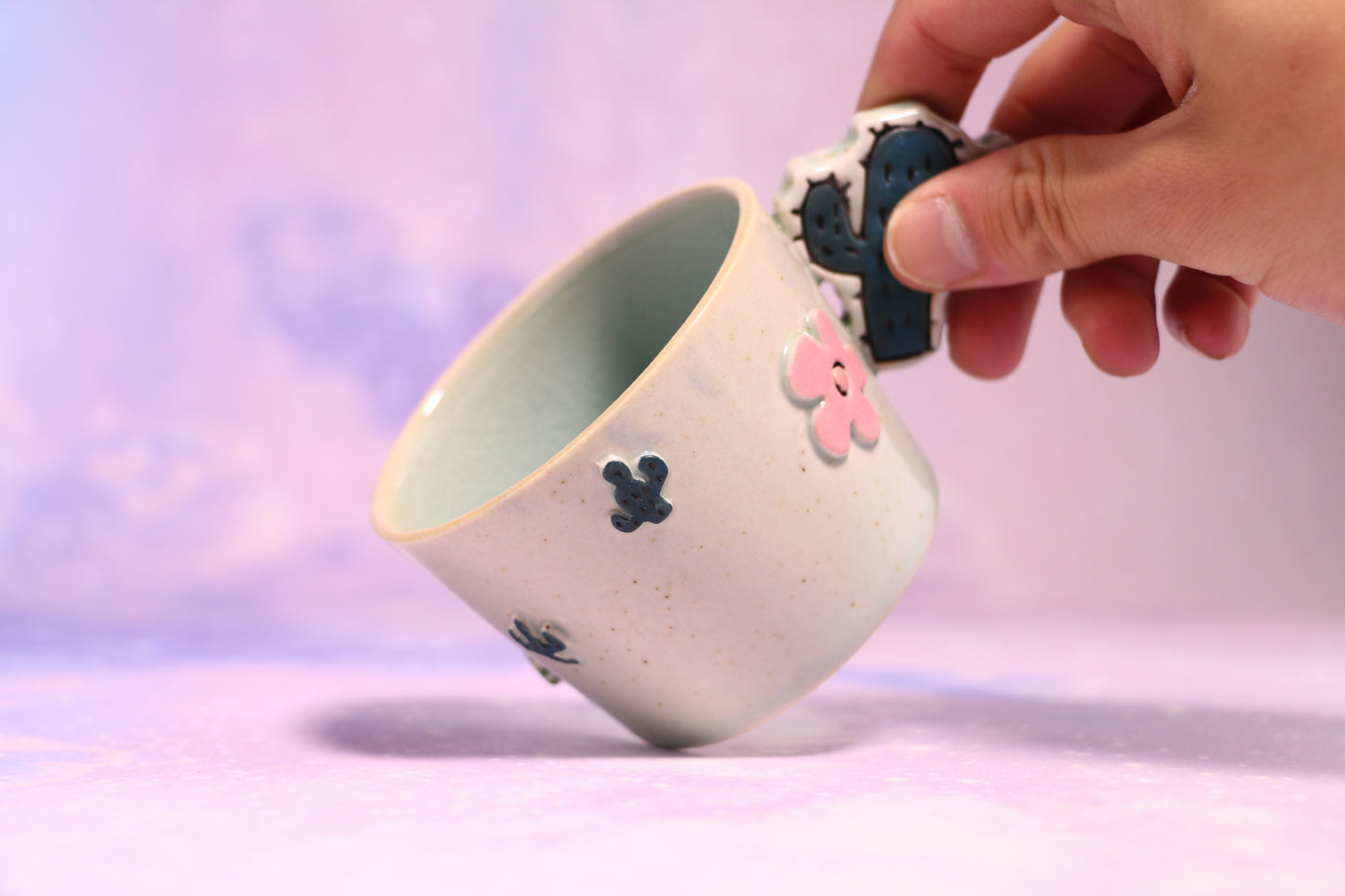 Handmade Ceramic Mug – Cactus-Shaped Handle, Crackle Glaze Design Inside