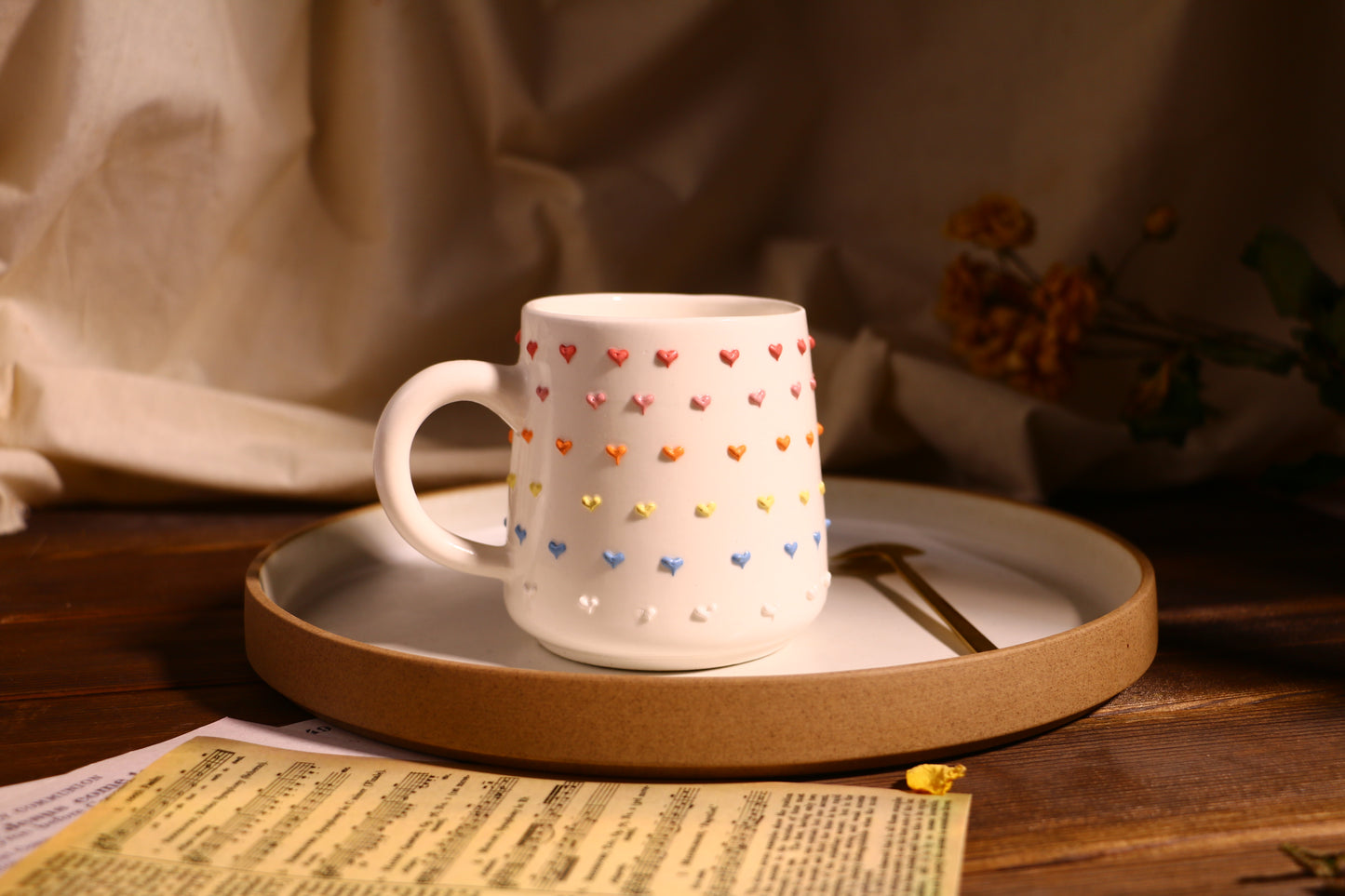 Rainbow Heart Ceramic Coffee Mug, Personalized Handmade Pottery Cup for Gifts