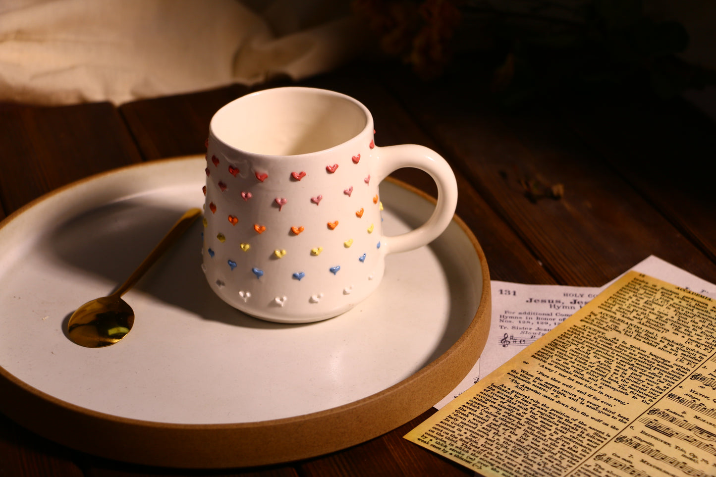 Rainbow Heart Ceramic Coffee Mug, Personalized Handmade Pottery Cup for Gifts