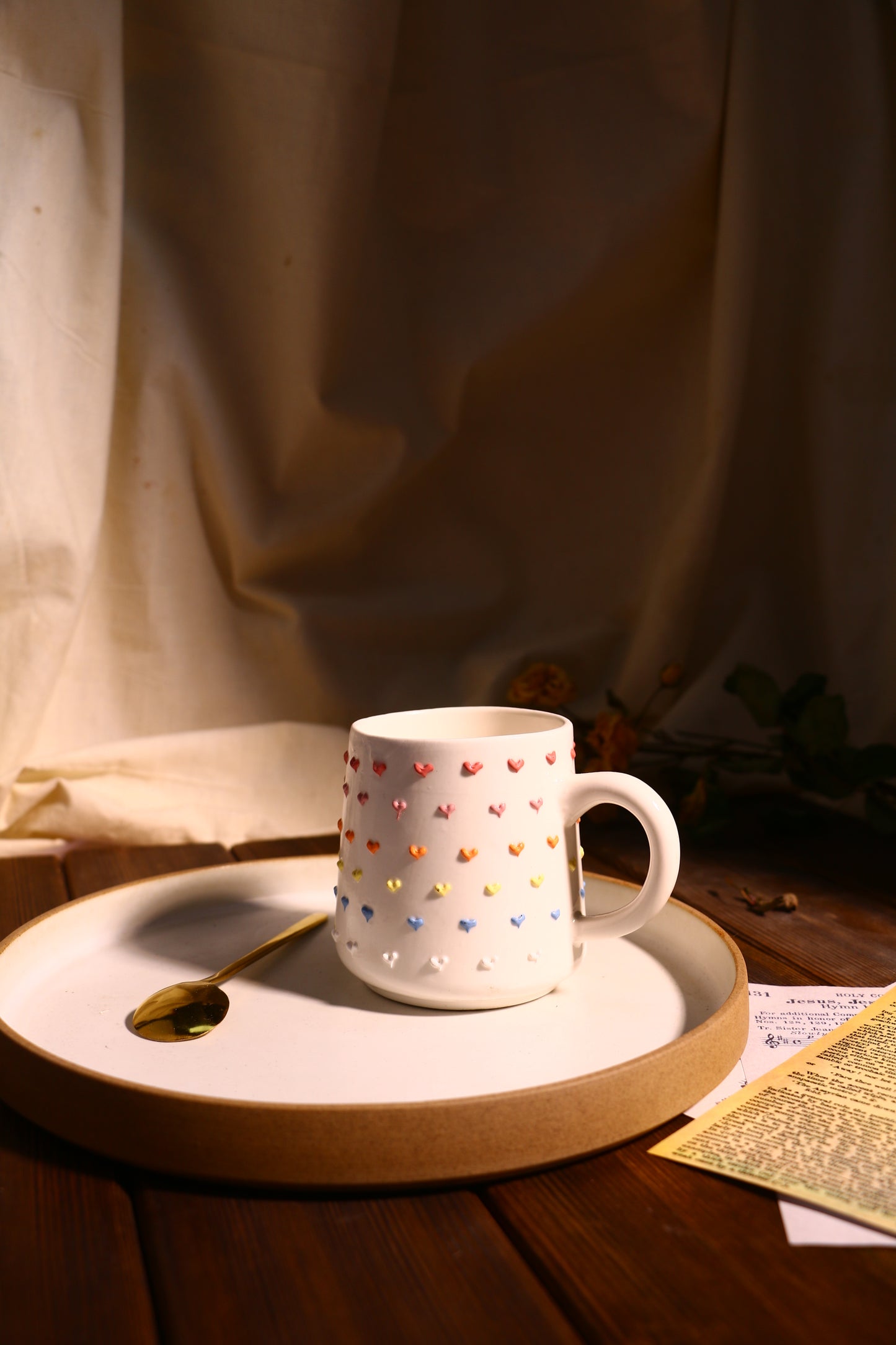 Rainbow Heart Ceramic Coffee Mug, Personalized Handmade Pottery Cup for Gifts