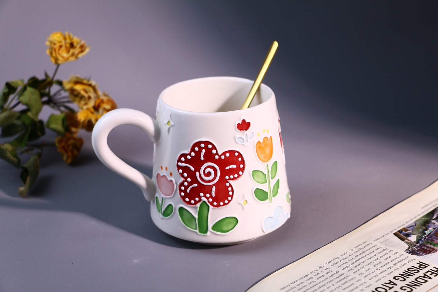 Floral Ceramic Coffee Mug, Personalized Handmade Pottery Cup for Heartwarming Gifts