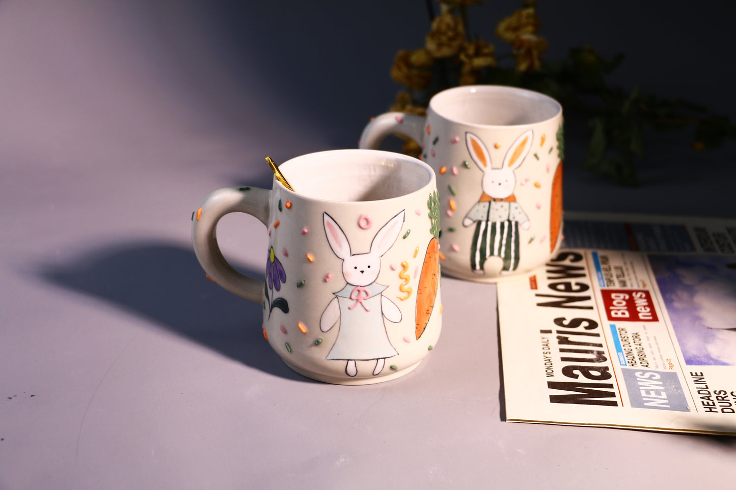 Whimsical Rabbit Ceramic Coffee Mug, Hand-painted Personalized Handmade Pottery Cup for Gift