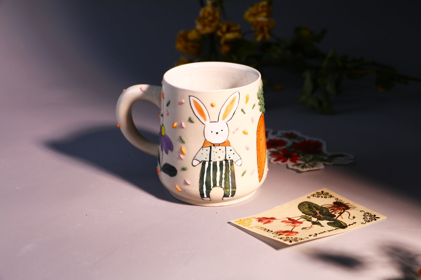 Whimsical Rabbit Ceramic Coffee Mug, Hand-painted Personalized Handmade Pottery Cup for Gift