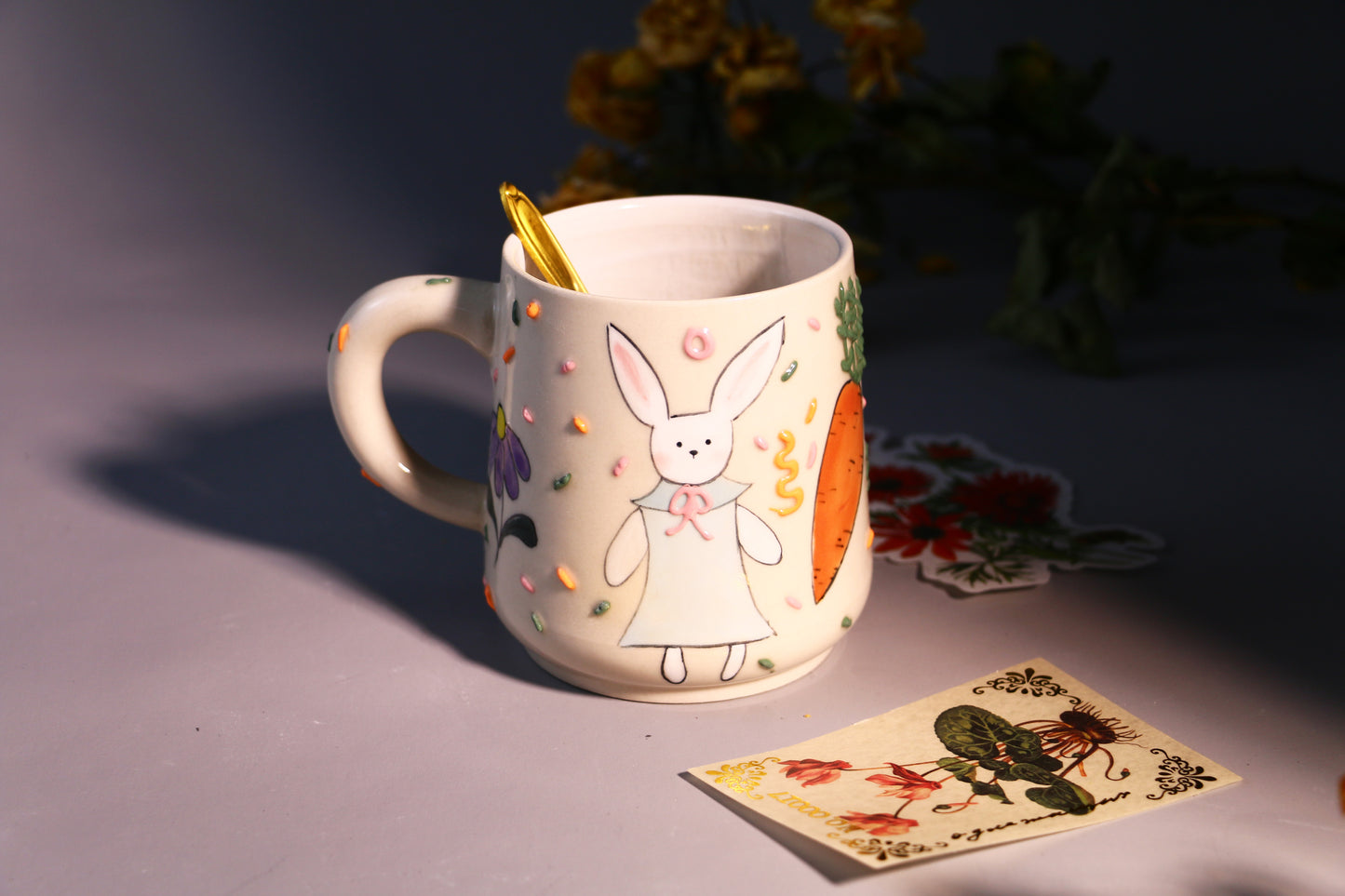Whimsical Rabbit Ceramic Coffee Mug, Hand-painted Personalized Handmade Pottery Cup for Gift