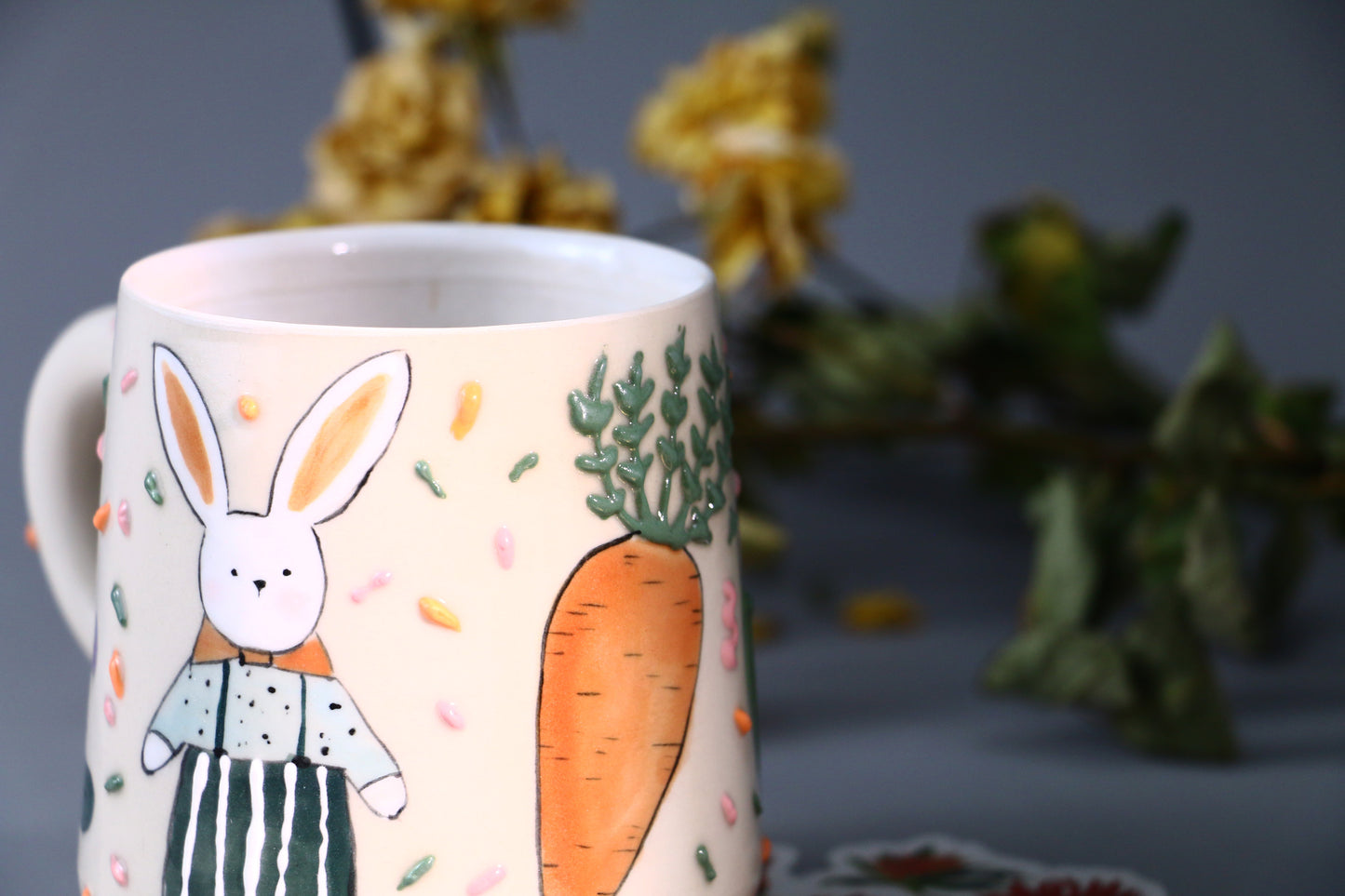 Whimsical Rabbit Ceramic Coffee Mug, Hand-painted Personalized Handmade Pottery Cup for Gift