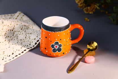 Handmade Bold Orange Ceramic Mug  – Hand-Painted Flowers & Polka Dots Design