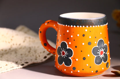 Handmade Bold Orange Ceramic Mug  – Hand-Painted Flowers & Polka Dots Design