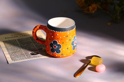 Handmade Bold Orange Ceramic Mug  – Hand-Painted Flowers & Polka Dots Design