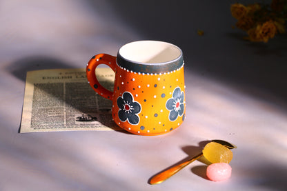 Handmade Bold Orange Ceramic Mug  – Hand-Painted Flowers & Polka Dots Design