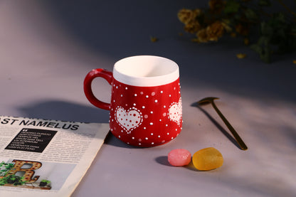 Valentine’s Day Heart Mug – Handcrafted Red with Polka Dots Design Ceramic Cup
