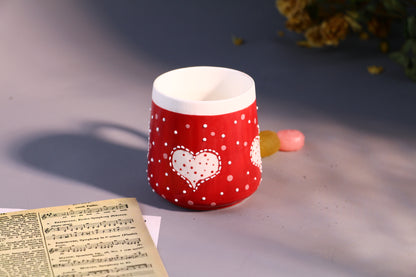 Valentine’s Day Heart Mug – Handcrafted Red with Polka Dots Design Ceramic Cup
