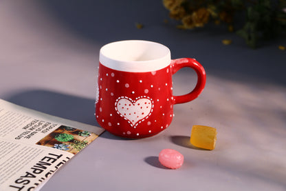 Valentine’s Day Heart Mug – Handcrafted Red with Polka Dots Design Ceramic Cup
