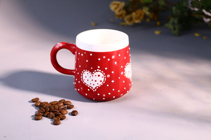 Valentine’s Day Heart Mug – Handcrafted Red with Polka Dots Design Ceramic Cup