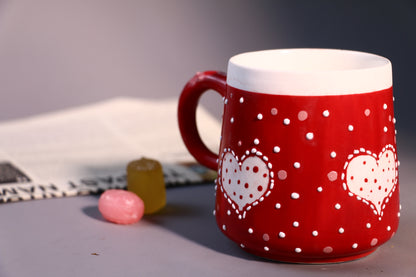 Valentine’s Day Heart Mug – Handcrafted Red with Polka Dots Design Ceramic Cup