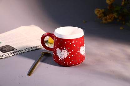 Valentine’s Day Heart Mug – Handcrafted Red with Polka Dots Design Ceramic Cup