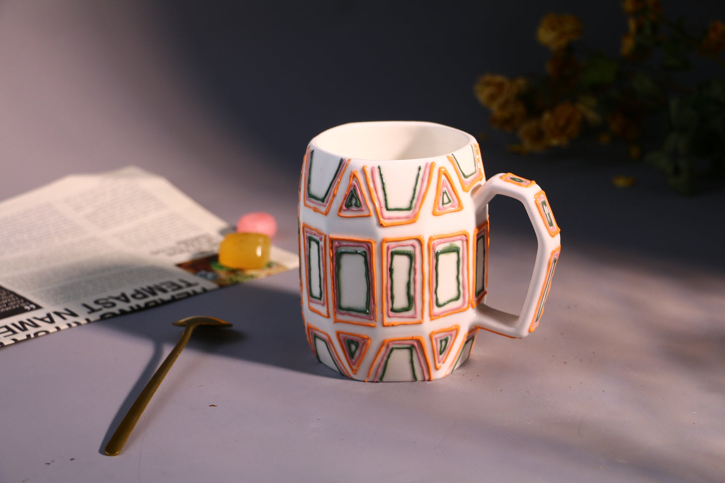 Geometric Figure Ceramic Coffee Mug, Hand-painted Lines Personalized Handmade Pottery Mug for Gifts