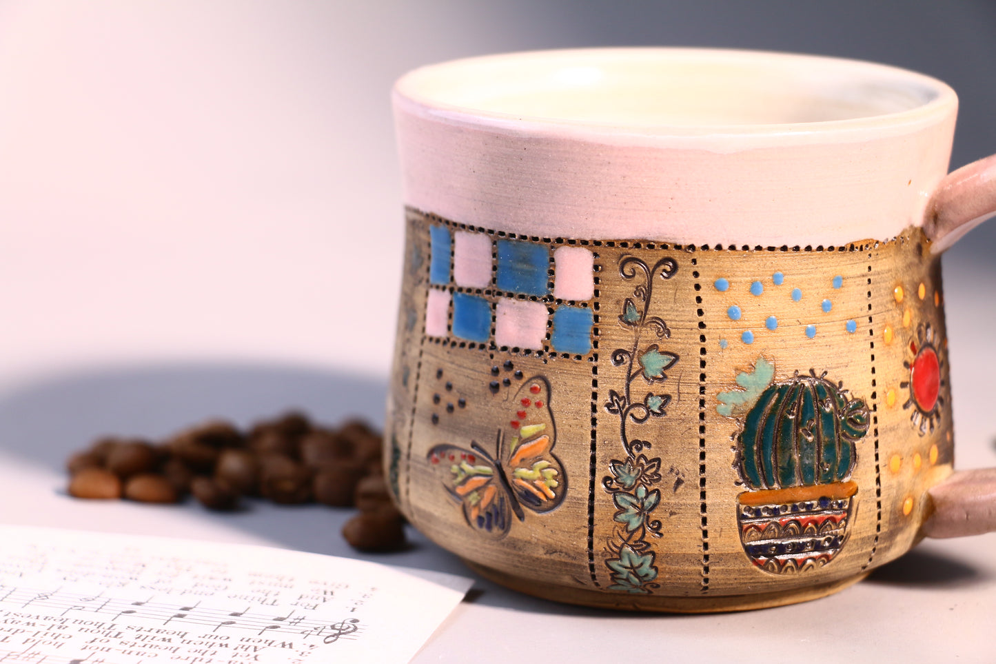 Natural Hand-painted Ceramic Coffee Mug, Floral Personalized Handmade Pottery Cup for Gifts