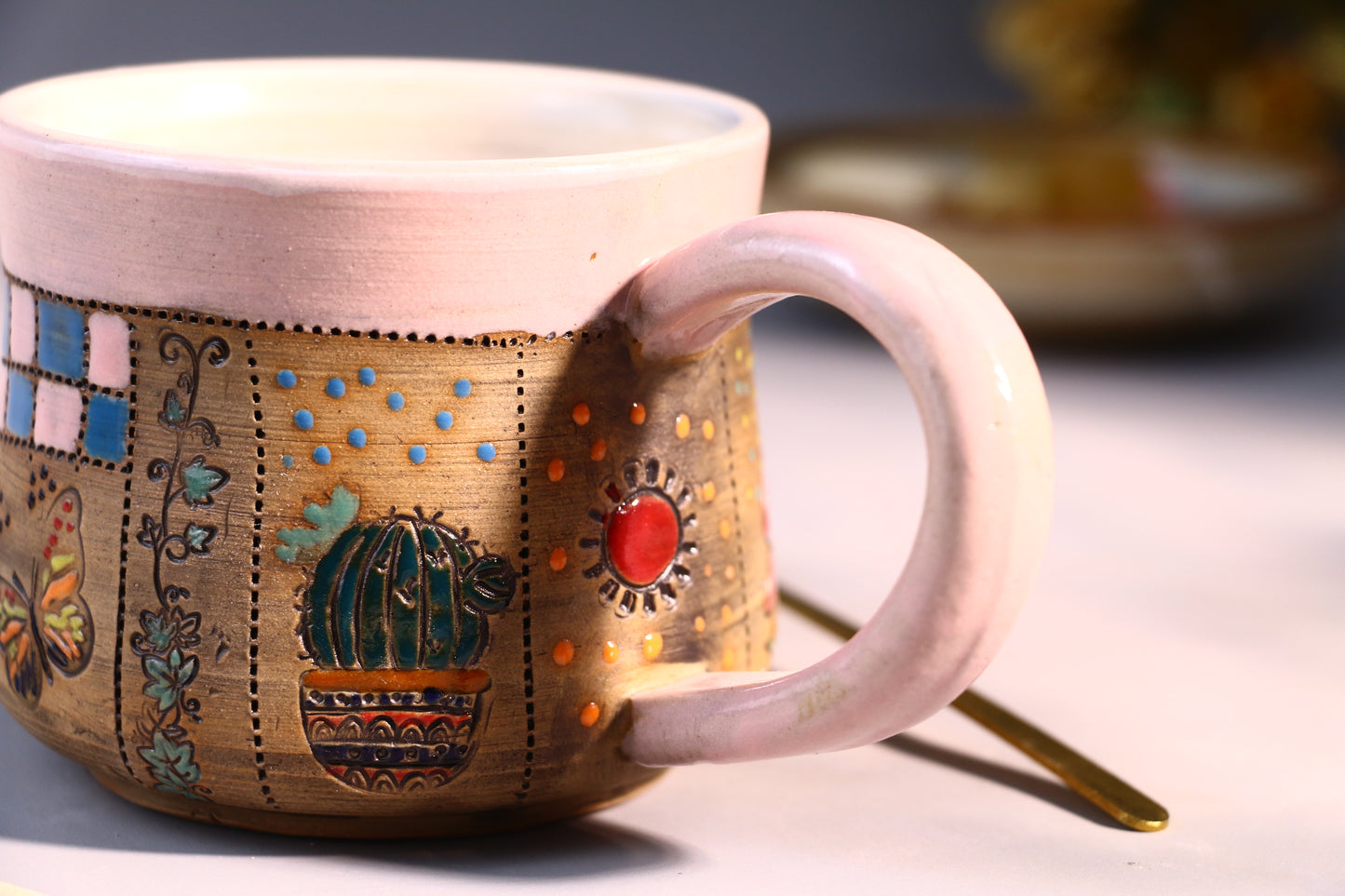 Natural Hand-painted Ceramic Coffee Mug, Floral Personalized Handmade Pottery Cup for Gifts