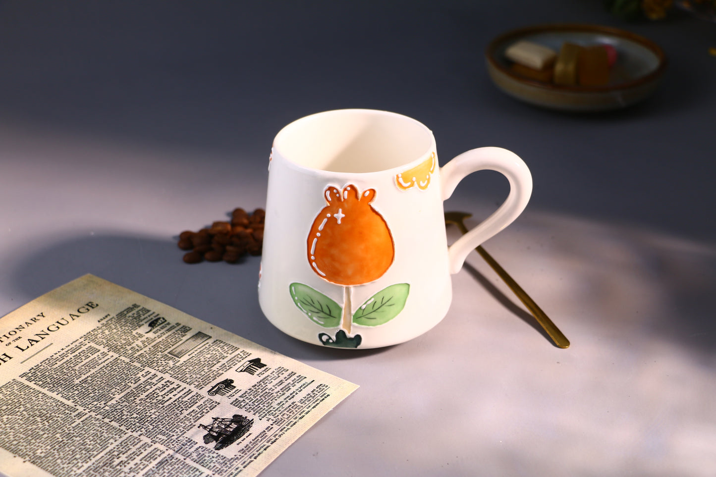 Orange Floral Ceramic Coffee Mug, Personalized Handmade Pottery Cup for Gifts